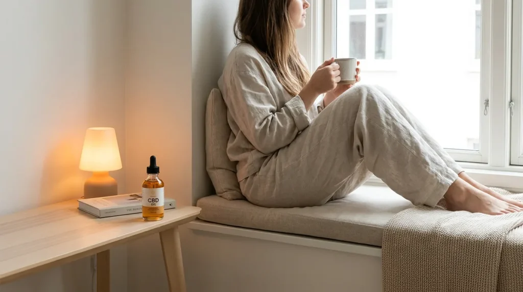 Personne détendue près d'une fenêtre lumineuse avec un flacon de CBD, ambiance sereine
