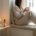 Personne détendue près d'une fenêtre lumineuse avec un flacon de CBD, ambiance sereine