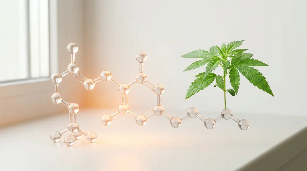 Molécule de CBG en rendu 3D près d une jeune pousse de cannabis, sur fond clair