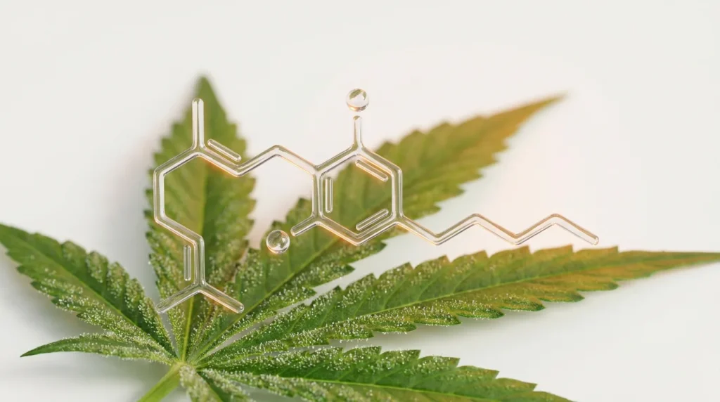 Molécule d acide CBGA en rendu 3D au-dessus d une feuille de cannabis, sur fond clair