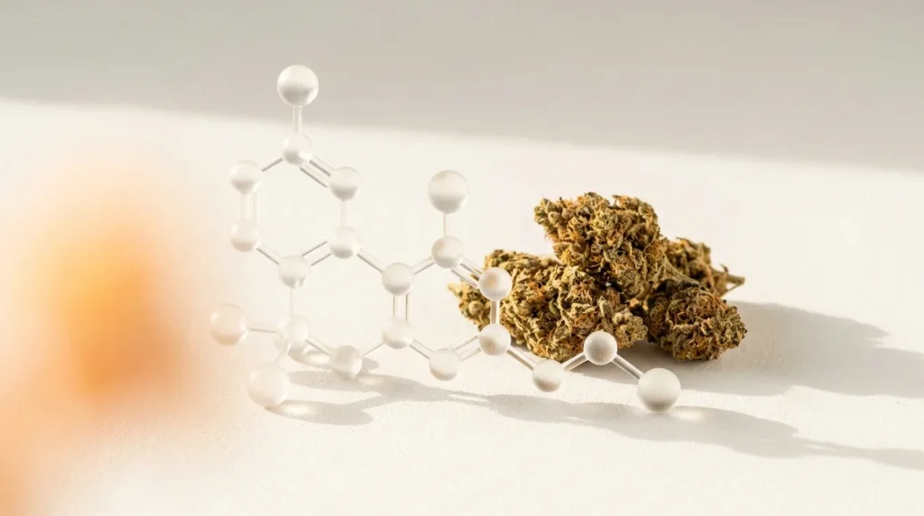 Molécule de CBN en rendu 3D près d un bourgeon de cannabis ambré, sur fond clair