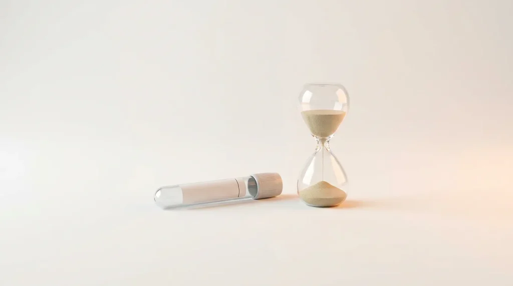 Tube de prélèvement sanguin et sablier illustrant la détection du THC, sur fond clair