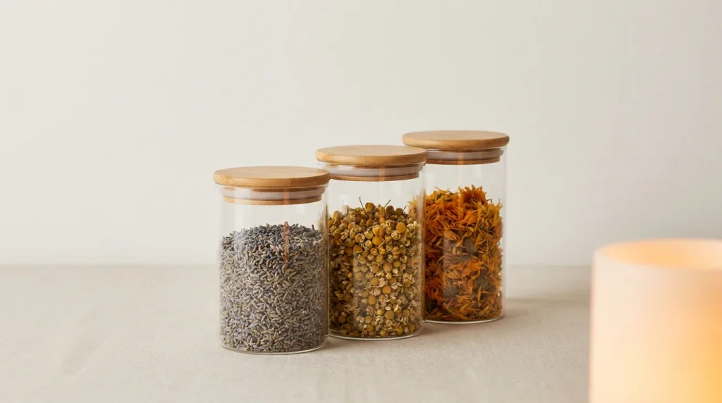 Bocaux en verre hermétiques contenant des fleurs séchées, sur fond clair