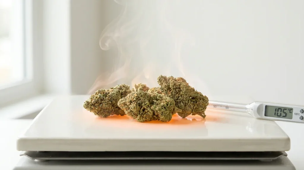 Têtes de cannabis chauffées illustrant la décarboxylation, sur fond clair
