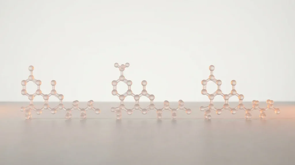 Trois isomères du THC (Delta-8, Delta-9, Delta-10) en rendu 3D, sur fond clair