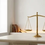 Balance de la justice en équilibre sur une surface claire, concept juridique