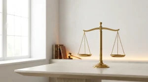 Balance de la justice en équilibre sur une surface claire, concept juridique
