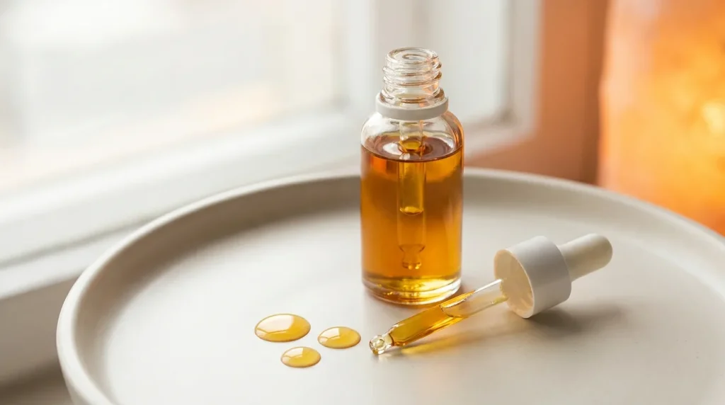 Flacon compte-gouttes de CBD avec quelques gouttes dosées, sur fond clair