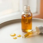 Flacon compte-gouttes de CBD avec quelques gouttes dosées, sur fond clair