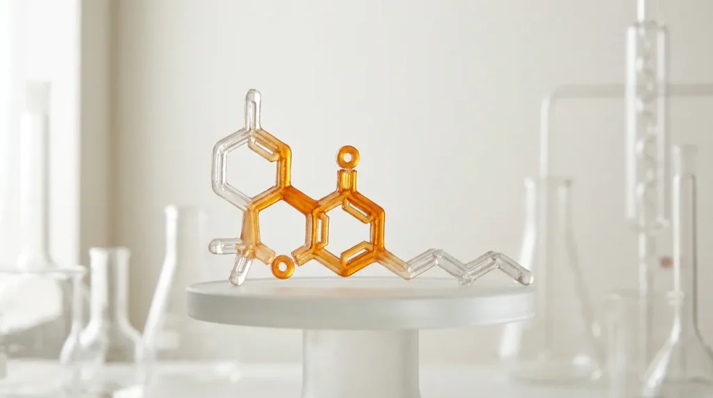 Molécule de HHC en rendu 3D dans un décor de laboratoire, sur fond clair