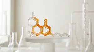 Molécule de HHC en rendu 3D dans un décor de laboratoire, sur fond clair
