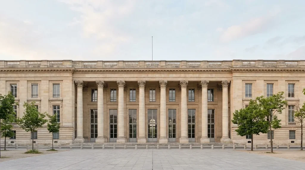 Façade d'un grand bâtiment parlementaire français néoclassique sous une lumière douce