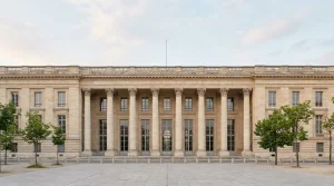 Façade d'un grand bâtiment parlementaire français néoclassique sous une lumière douce