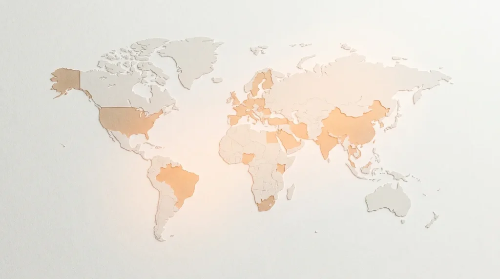 Carte du monde vue de dessus avec des régions mises en évidence, sur fond clair