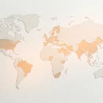 Carte du monde vue de dessus avec des régions mises en évidence, sur fond clair