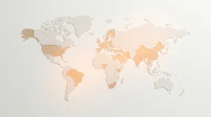 Carte du monde vue de dessus avec des régions mises en évidence, sur fond clair