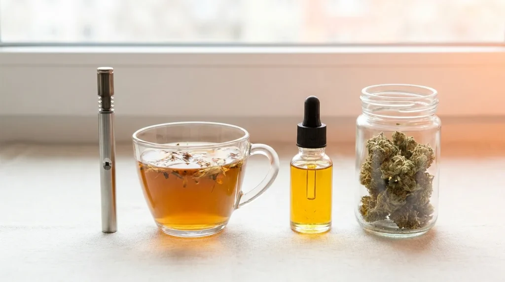 Différents modes de consommation du cannabis et du CBD côte à côte, sur fond clair