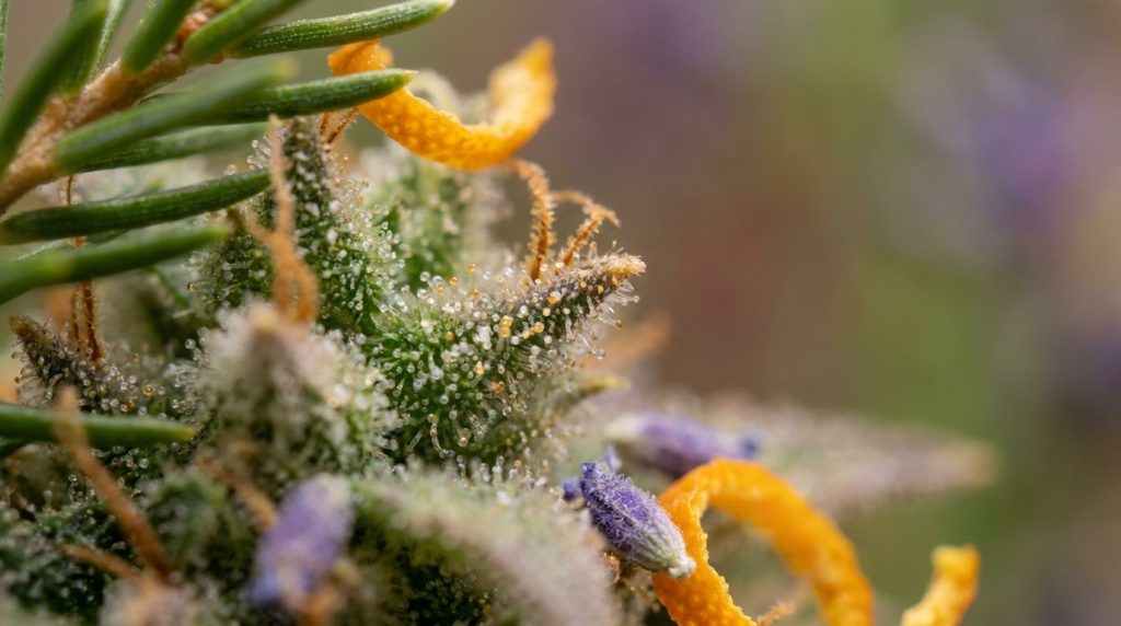 Trichomes de cannabis en gros plan révélant les terpènes aromatiques de la plante