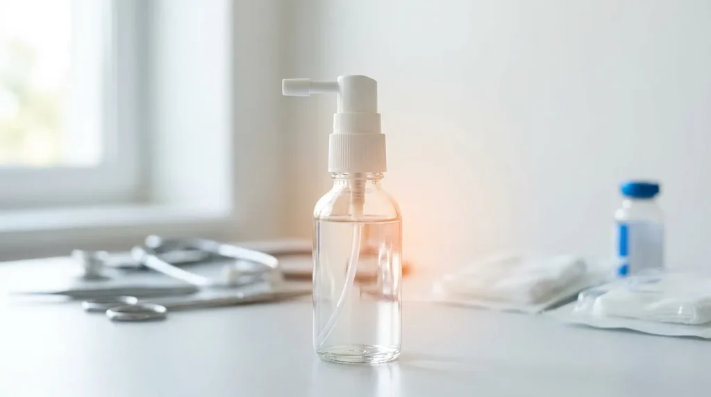 Flacon de spray médical clinique sur une surface claire