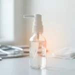 Flacon de spray médical clinique sur une surface claire