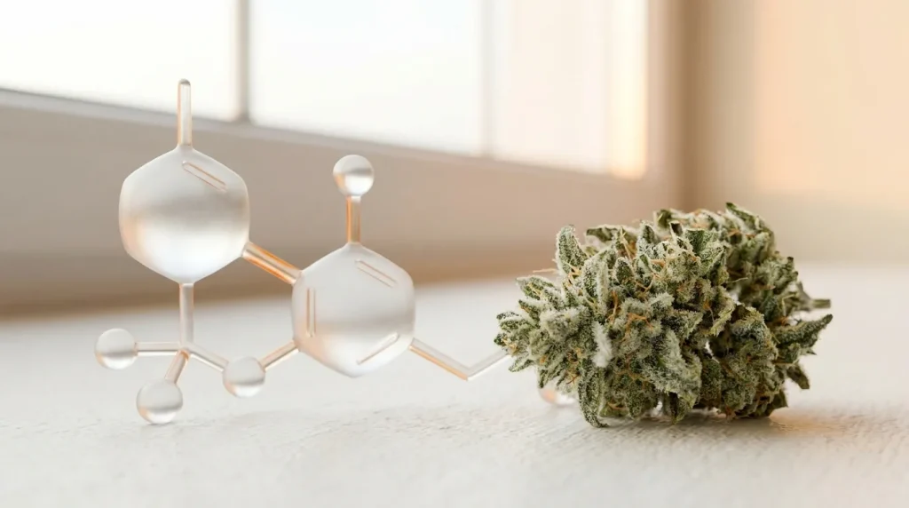 Molécule de THC en rendu 3D près d une fleur de cannabis résineuse, sur fond clair