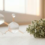 Molécule de THC en rendu 3D près d une fleur de cannabis résineuse, sur fond clair