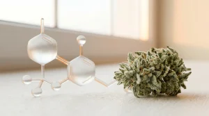 Molécule de THC en rendu 3D près d une fleur de cannabis résineuse, sur fond clair