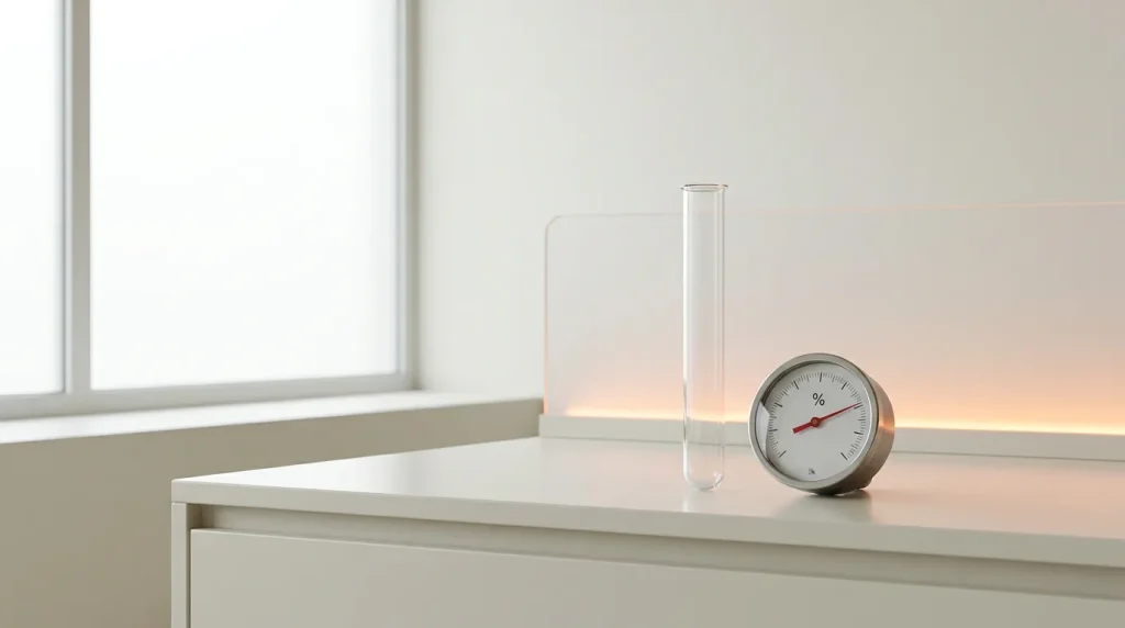 Tube à essai et cadran de précision évoquant un seuil en pourcentage, sur fond clair