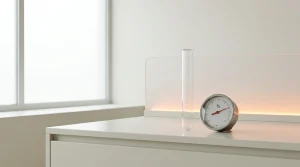 Tube à essai et cadran de précision évoquant un seuil en pourcentage, sur fond clair