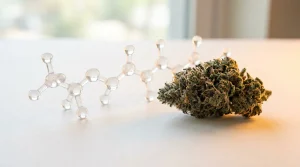 Molécule de THCP en rendu 3D près d une fleur de cannabis givrée, sur fond clair