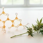 Molécule de THCV en rendu 3D près d une fleur de cannabis, sur fond clair