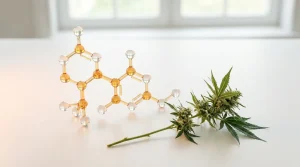 Molécule de THCV en rendu 3D près d une fleur de cannabis, sur fond clair