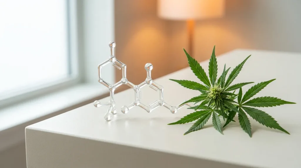 Molécule d acide THCVa en rendu 3D près d un rameau de cannabis, sur fond clair