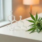 Molécule d acide THCVa en rendu 3D près d un rameau de cannabis, sur fond clair