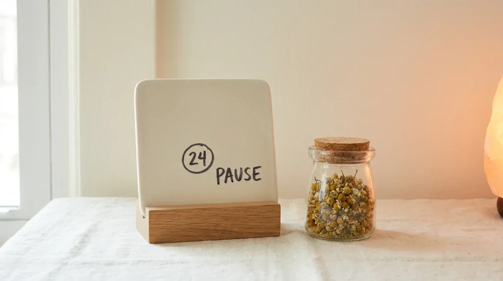 Calendrier marquant une pause à côté d'un bocal d'herbe séchée, sur fond clair