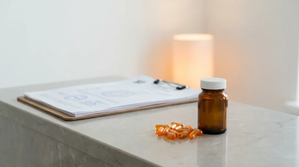 Flacon de médicament et gélules sur un comptoir de pharmacie, dossier officiel en attente