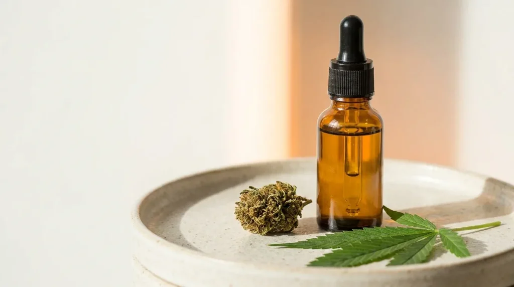 Produits CBD sur fond clair : flacon d'huile, fleur et feuille de chanvre