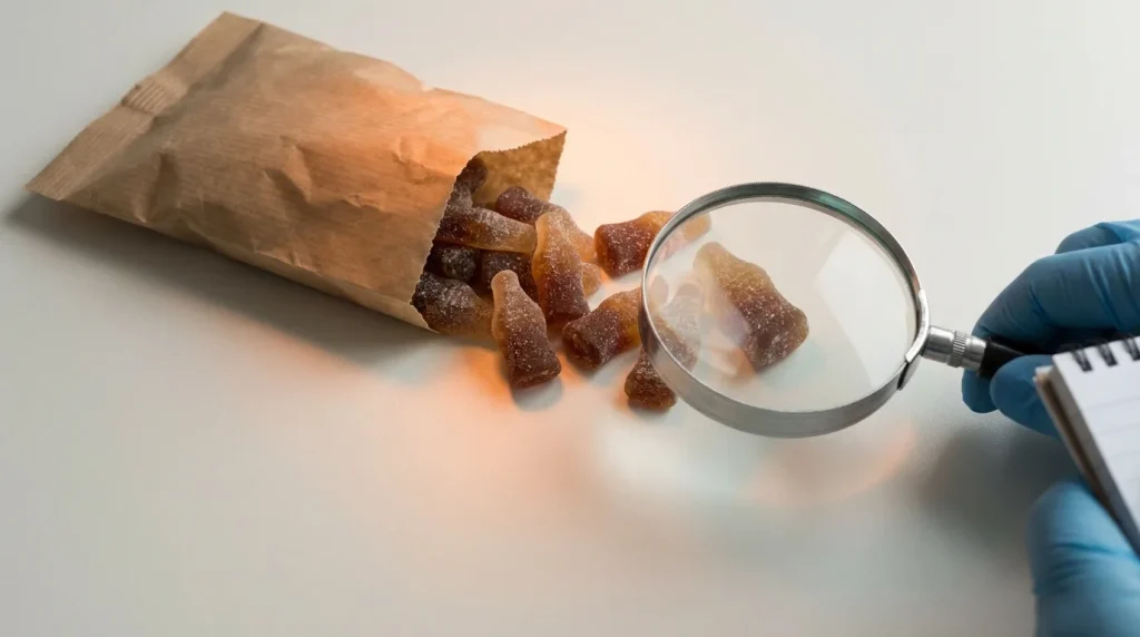 Bonbons gélifiés cola et loupe, concept de rappel alimentaire