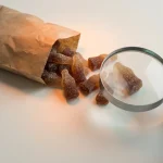 Bonbons gélifiés cola et loupe, concept de rappel alimentaire